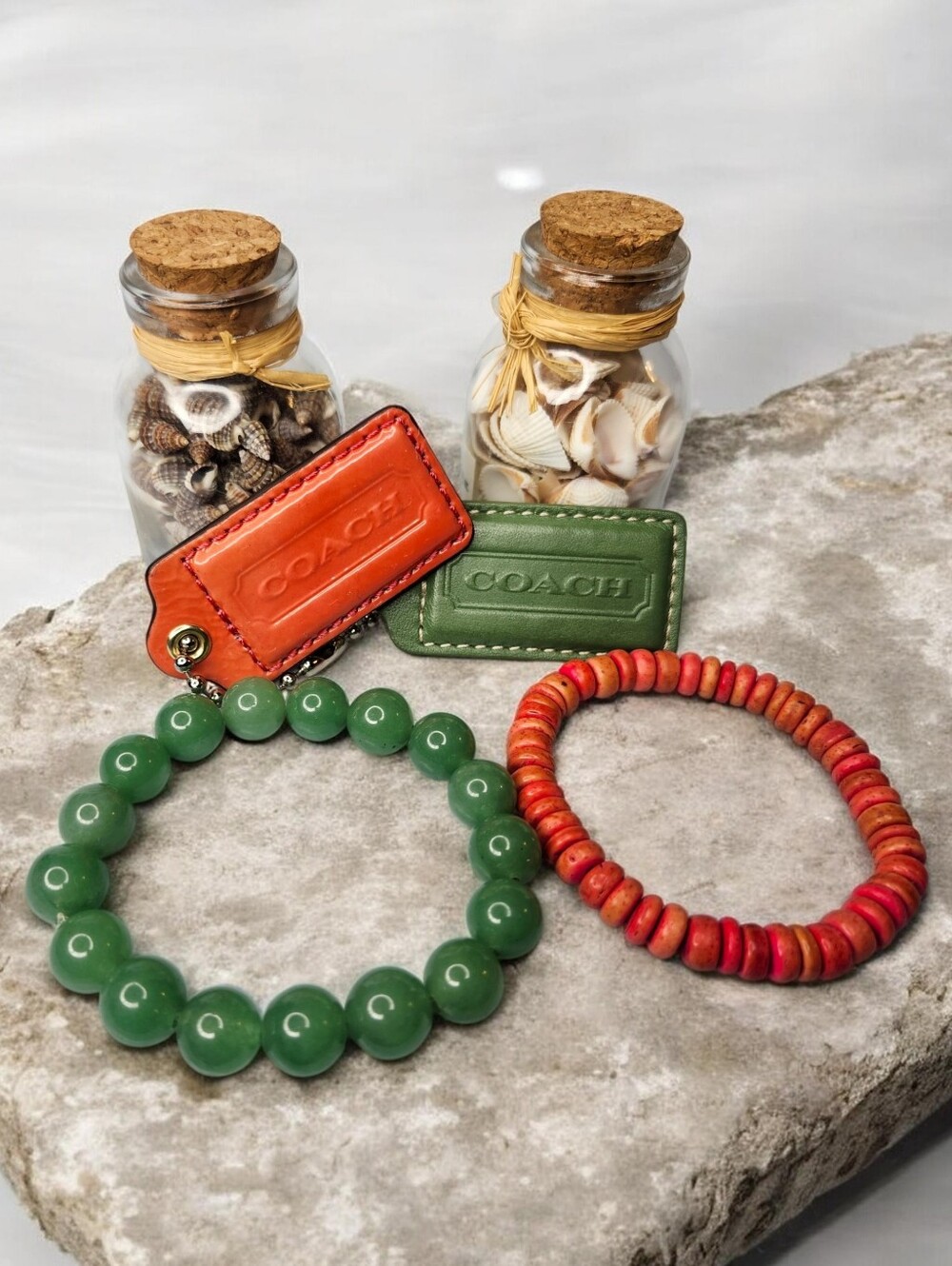 COACH & Bracelet Set - Orange & Green Leather Bag Charms with Bead Bracelets